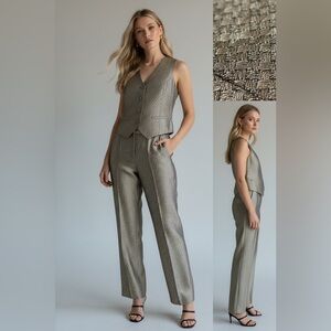Kate Hill Silk Jacquard Vest & Pant Set Metallic Gold Black Vintage Size 8